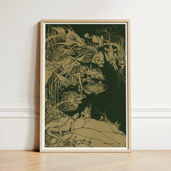 Framed Artwork Intricate Golden-hued Illustrations Fantastical Creatures Deep Arthur Rackham, Art Print, Tarnished Ochre