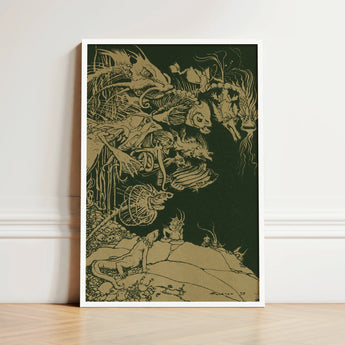 Framed Artwork Intricate Golden Linework Fantastical Creatures Deep Arthur Rackham, Art Print, Tarnished Ochre
