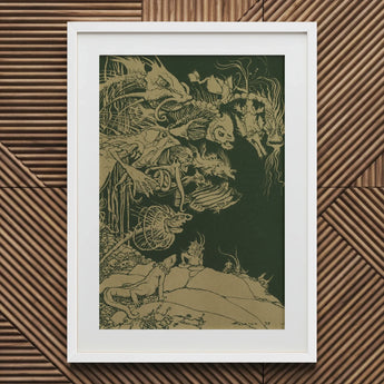 They’d such Very Odd Heads and Tails - Arthur Rackham Art Print / Canvas Framed Artwork Intricate Gold Line Illustrations Dark Green,