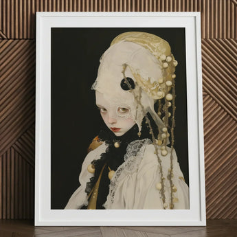 Thomasin - Queer White Witch Art Print / Canvas Framed Portrait Pale Doll-like Figure Ornate Cream Black, Vision Torn Prints