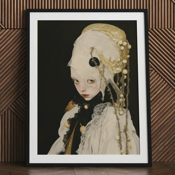 Thomasin - Queer White Witch Art Print / Canvas Framed Portrait Pale-skinned Figure Ornate Cream-colored Lace Beaded, Vision Torn Prints