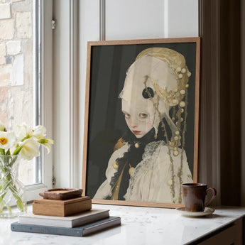 Thomasin - Queer White Witch Art Print / Canvas Framed Portrait Stylized Figure Ornate Cream-colored Headdress Lace-trimmed, Vision Torn