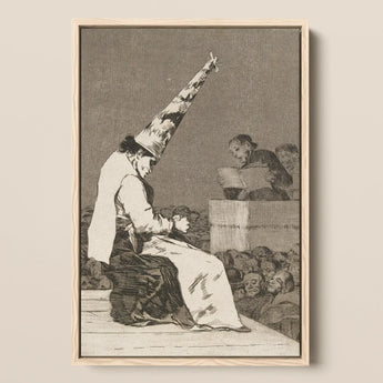 Those Specks of Dust - Francisco De Goya Art Print / Canvas Framed Black-and-white Figure Elaborate Pointed Hat Seated Audience Dissects,