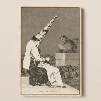 Those Specks of Dust - Francisco De Goya Art Print / Canvas Framed Black-and-white Figure Elaborate Pointed Hat Seated Audience Dissects,