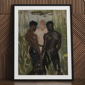 Three d - Gay Interracial Threesome Art Print / Canvas, 24x32’’ / 61x81cm / Black Frame / Matboard, Posters Prints & Visual Artwork, Toby