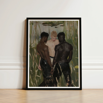Black-framed Art Print Three Men Lush Green Gay Interracial Threesome