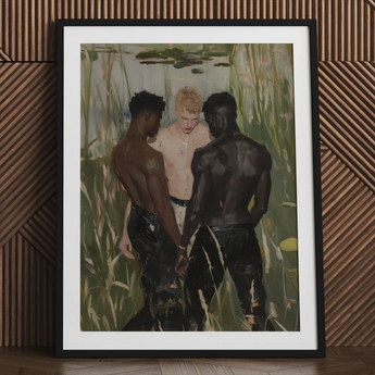 Three d - Gay Interracial Threesome Art Print / Canvas Black-framed White Mat Oil Painting, Prints