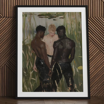 Three d - Gay Interracial Threesome Art Print / Canvas Black-framed White Mat Oil Painting, Prints