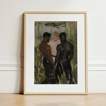 Three d - Gay Interracial Threesome Art Print / Canvas Framed Painting Light Wood Frame White Men, Prints