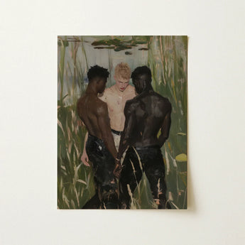 Three d - Gay Interracial Threesome Art Print / Canvas Rectangular Painting Shirtless Men Tall Green, Prints