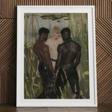 Three d - Gay Interracial Threesome Art Print / Canvas White-framed Artwork Men Water Scene Green Reeds, Prints