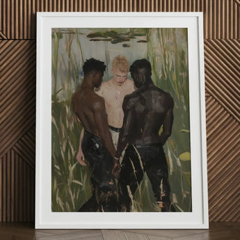 Three d - Gay Interracial Threesome Art Print / Canvas White-framed Artwork Men Water Scene Green Reeds, Prints