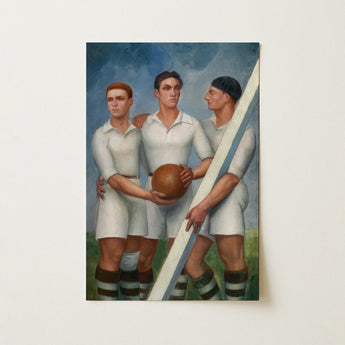 Framed Painting Three Rugby Players White Uniforms Brown Art Print, Laced Leather Ball, Sits, ángel Zárraga Stills, Amateur Footballers,