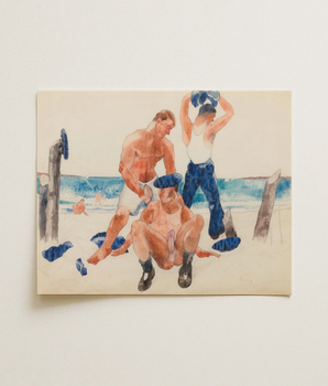 Watercolor Painting Three Men Beach Rendered Soft Blues Charles Demuth, Salt Spray Clings, Naval Bodies, Arranged, Art, Print