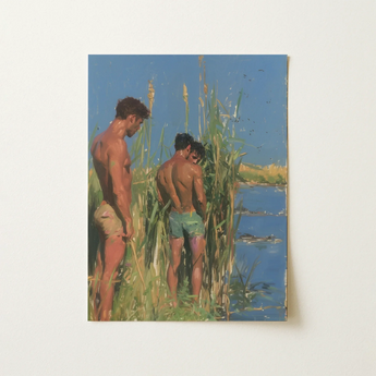Three Way Bay - Gay Lake Threesome Art Print / Canvas Rectangular Framed Painting Two Shirtless Men Tall Reeds