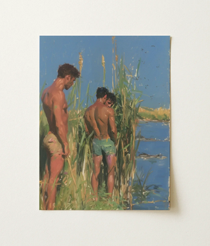 Rectangular Framed Painting Two Shirtless Men Tall Reeds Sweaty, Make, Sun-warmed Bodies Slipping, Tawny Seed Heads, Gay Lake Threesome,