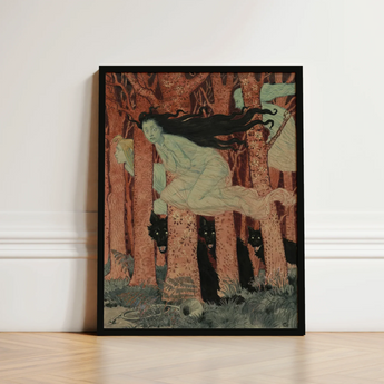 Three Women and Wolves - Eugene Grasset Art Print / Canvas Black-framed Pale Long-haired Figure Motion Forest Spectral Slip, Gauze Limbs