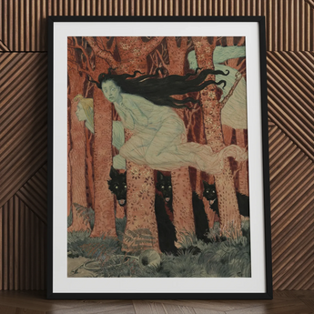 Three Women and Wolves - Eugene Grasset Art Print, 24x32’’ / 61x81cm / Black Frame / 2’’ Matboard, Framed Art Print Ghostly Figure Forest