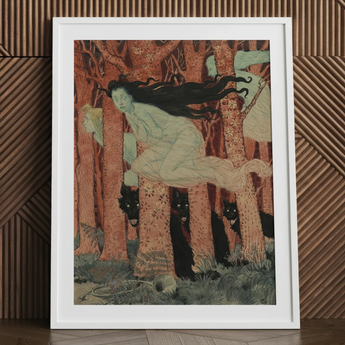 Three Women and Wolves - Eugene Grasset Art Print, 24x32’’ / 61x81cm / White Frame / 2’’ Matboard, Framed Artwork Ghostly Figure Black Dogs
