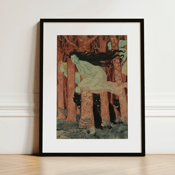 Three Women and Wolves - Eugene Grasset Art Print / Canvas Black-framed Art Print Woman Long Dark Hair Motion Spectral Women Slip, Gauze