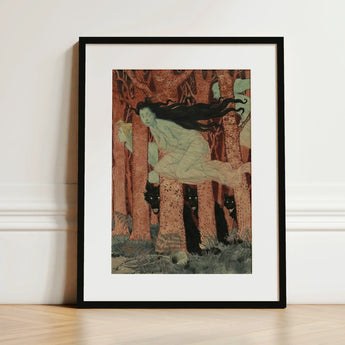Three Women and Wolves - Eugene Grasset Art Print / Canvas Black-framed Woman Long Dark Hair Motion Spectral Slip, Gauze Limbs Blurring,