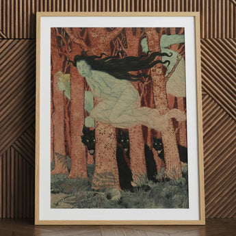 Three Women and Wolves - Eugene Grasset Art Print / Canvas Framed Print Mythical Figure Forest Spectral Women Slip, Gauze Limbs Blurring,