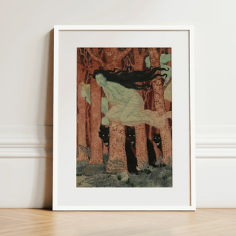 Three Women and Wolves - Eugene Grasset Art Print / Canvas Framed Art Print Woman Long Black Hair Motion Spectral Women Slip, Gauze Limbs
