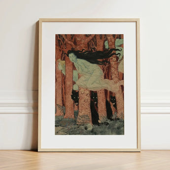 Three Women and Wolves - Eugene Grasset Art Print / Canvas Framed Woman Long Black Hair Motion Spectral Slip, Gauze Limbs Blurring, Prints