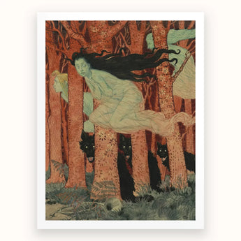 Three Women and Wolves - Eugene Grasset Art Print / Canvas Woman Long Dark Hair Forest Flanked Black Spectral Slip, Gauze Limbs Blurring,