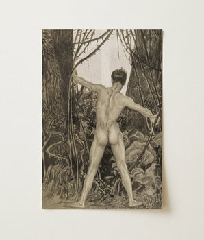 Through Wild Kurdistan - Sascha Schneider Art Print / Canvas Monochromatic Charcoal Sketch Nude Male Figure Arms