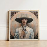 Framed Portrait Person Ornate Wide-brimmed Hat Patterned Suit Transgender Cowboy, Thai, Elegant Outlaw’s