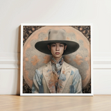 Framed Portrait Man Ornate Wide-brimmed Hat Floral-patterned Suit Transgender Cowboy, Thai, Elegant Outlaw’s