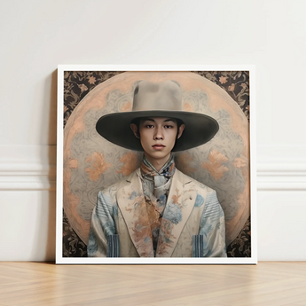 Framed Portrait Man Ornate Wide-brimmed Hat Floral-patterned Suit Transgender Cowboy, Thai, Elegant Outlaw’s