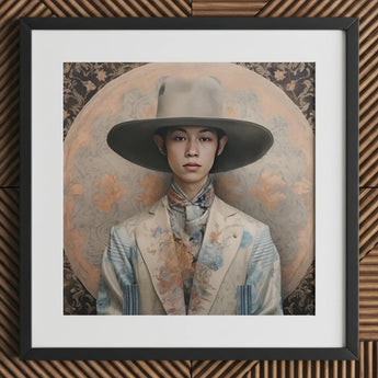 Thuanthong - Dandy Thai Transman Cowboy Art Print / Canvas Framed Portrait Man Ornate Wide-brimmed Hat Patterned Suit Transgender, Elegant