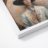 Framed Portrait Young Man Ornate Wide-brimmed Hat Patterned Transgender Cowboy, Thai, Elegant Outlaw’s