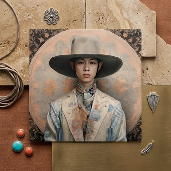 Thuanthong - Dandy Thai Transman Cowboy Art Print / Canvas Rectangular Portrait Print Man Ornate Wide-brimmed Hat Floral-patterned
