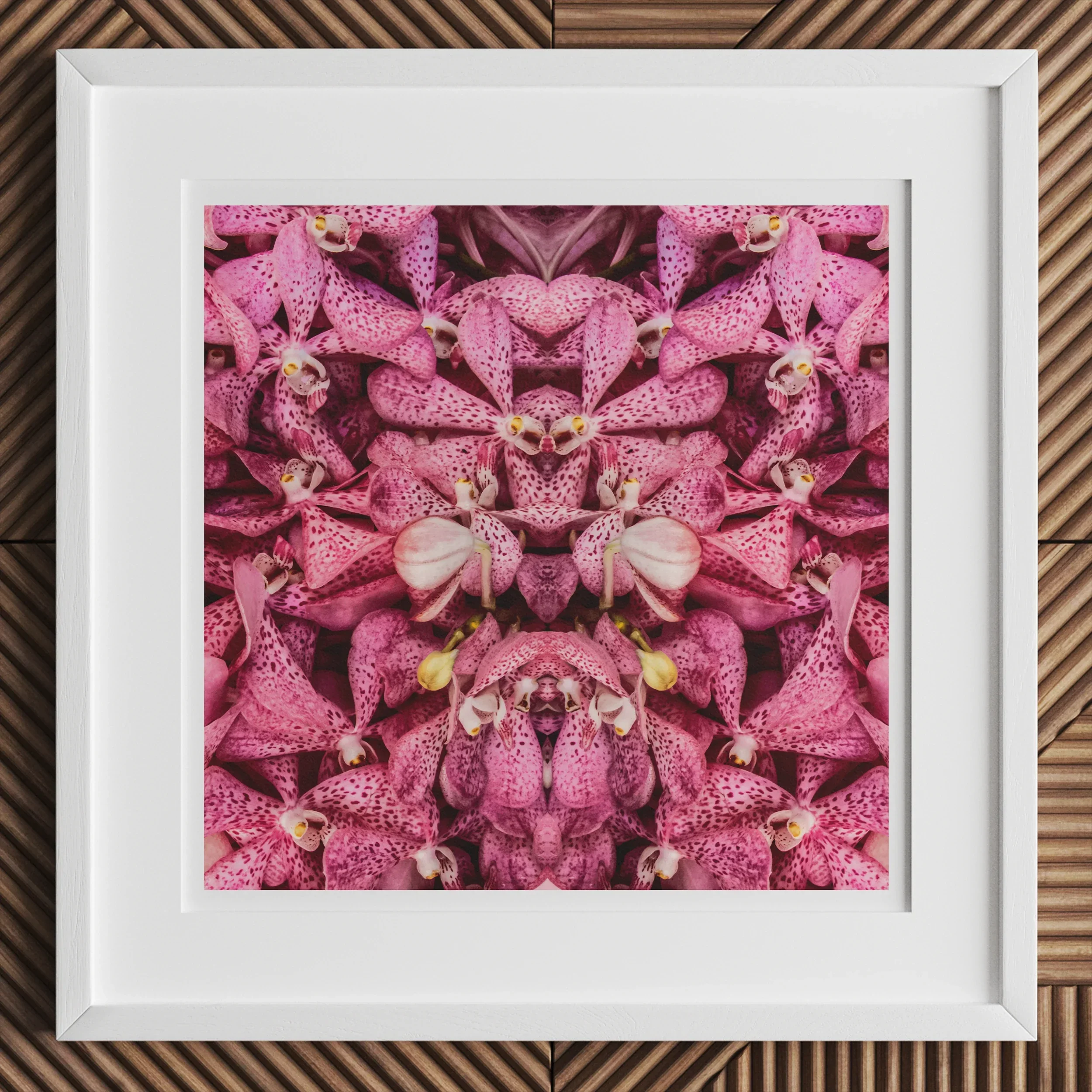Tickled Pink Fuschia Orchid Op Art Print, Framed Artwork Symmetrical Pattern Pink Orchid Flowers