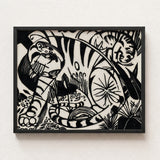 Black White Linocut Artwork Stylized Tigers Framed Sleek Franz Marc’s Expressionist Vision, Electrifying Tiger Art, Untamed Realm
