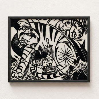 Black White Linocut Artwork Stylized Tigers Framed Sleek Franz Marc’s Expressionist Vision, Electrifying Tiger Art, Untamed Realm