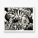 Black White Linocut Artwork Stylized Animals Dynamic Composition Franz Marc’s Expressionist Vision, Electrifying Tiger Art, Untamed Realm