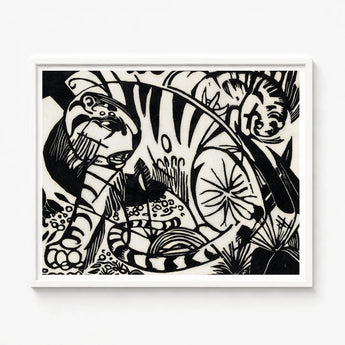 Black White Linocut Artwork Stylized Animals Dynamic Composition Franz Marc’s Expressionist Vision, Electrifying Tiger Art, Untamed Realm