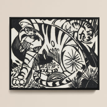 Black White Abstract Artwork Stylized Tigers Dynamic Poses Franz Marc’s Expressionist Vision, Electrifying Tiger Art, Untamed Realm