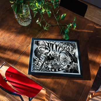 Tiger - Franz Marc Black and White Expressionism Art Print / Canvas Black White Woodcut-style Artwork Dark Frame Figures Geometric Franz