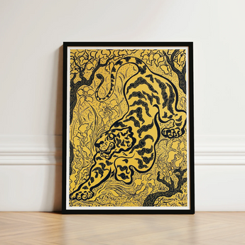 Tiger in the Jungle - Paul Ranson Art Print / Canvas Framed Artwork Bold Black Gold Illustration Motion Ranson’s, Leaps, Impressionist