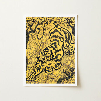 Tiger in the Jungle - Paul Ranson Art Print / Canvas Vibrant Yellow Black Illustrated Poster Intricate Stylized Ranson’s, Leaps,
