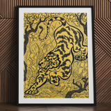 Tiger in the Jungle - Paul Ranson Art Print / Canvas Framed Artwork Stylized Black Tiger Bold Stripes Vibrant Paul Ranson’s Tiger, Leaps,