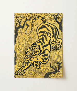 Vibrant Yellow Black Illustrated Tiger Poster Intricate Line Paul Ranson’s, Leaps, Ranson Impressionist Art