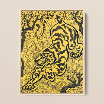 Tiger in the Jungle - Paul Ranson Art Print / Canvas Vibrant Yellow Illustration Bold Black Outlines Intricate Ranson’s, Leaps,