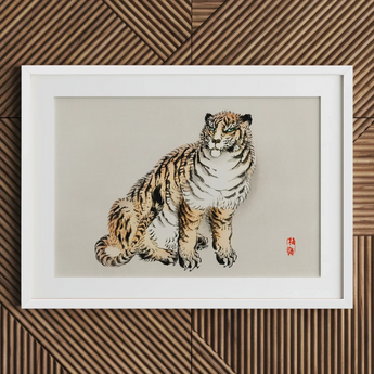 Tiger - Kono Bairei Kacho-e Art Print / Canvas White Framed Tiger Art Print Brown Black Stripes Kōno Bairei’s Tiger, Meiji Era Kacho-e,
