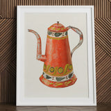 Tin Coffee Pot - Harry Grossen Kitchen Art Print / Canvas Vibrant Orange Ceramic Decorative Green White 1930s, Grossen’s Enchanting, Prints